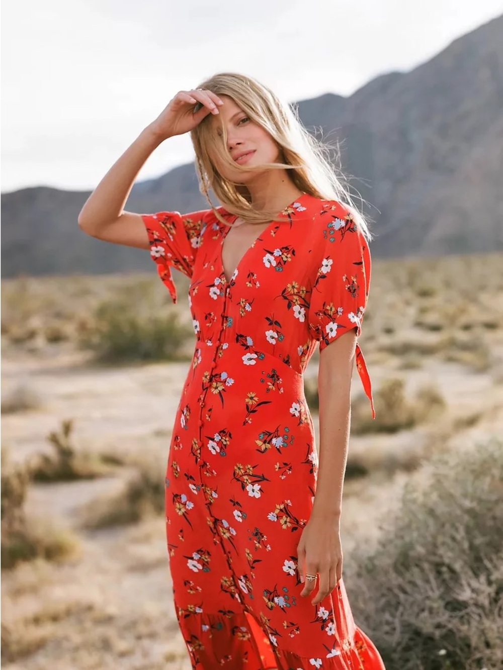 Anthropologie Red Floral Button-Front Midi Dress